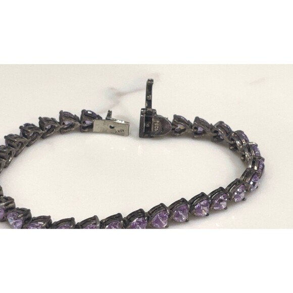 Vintage Sterling Silver Bracelet Purple Glass Heart Stones Signed 7" - Picture 11 of 14